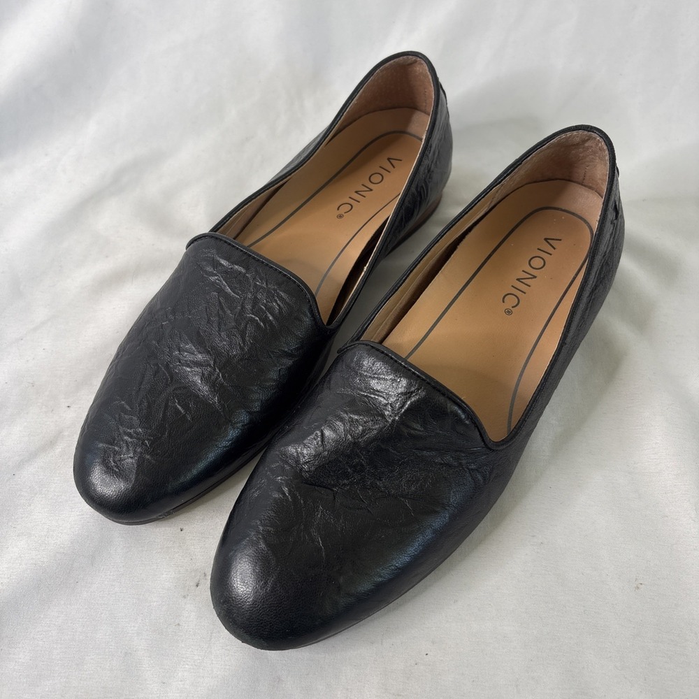 Vionic Willa II Black Crinkle Leather Flat Loafers Women Sz 6 Orthotic Comfort